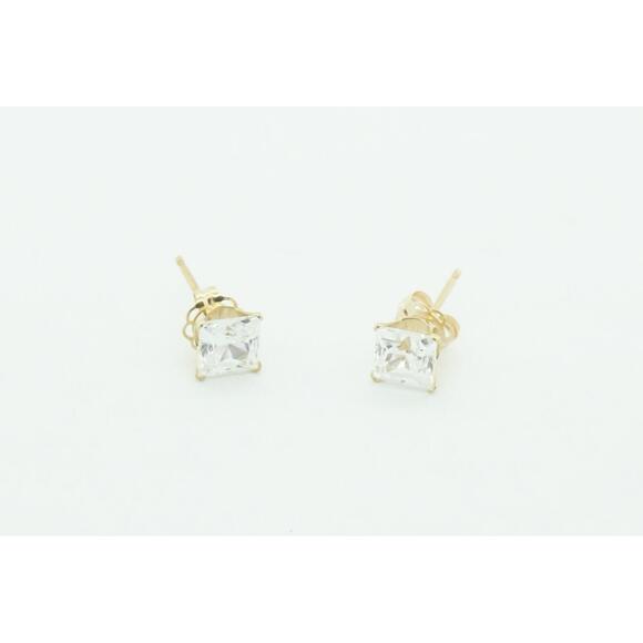 Estate 14k Yellow Gold Cubic Zirconia Princess Stud Earrings - Picture 3 of 5